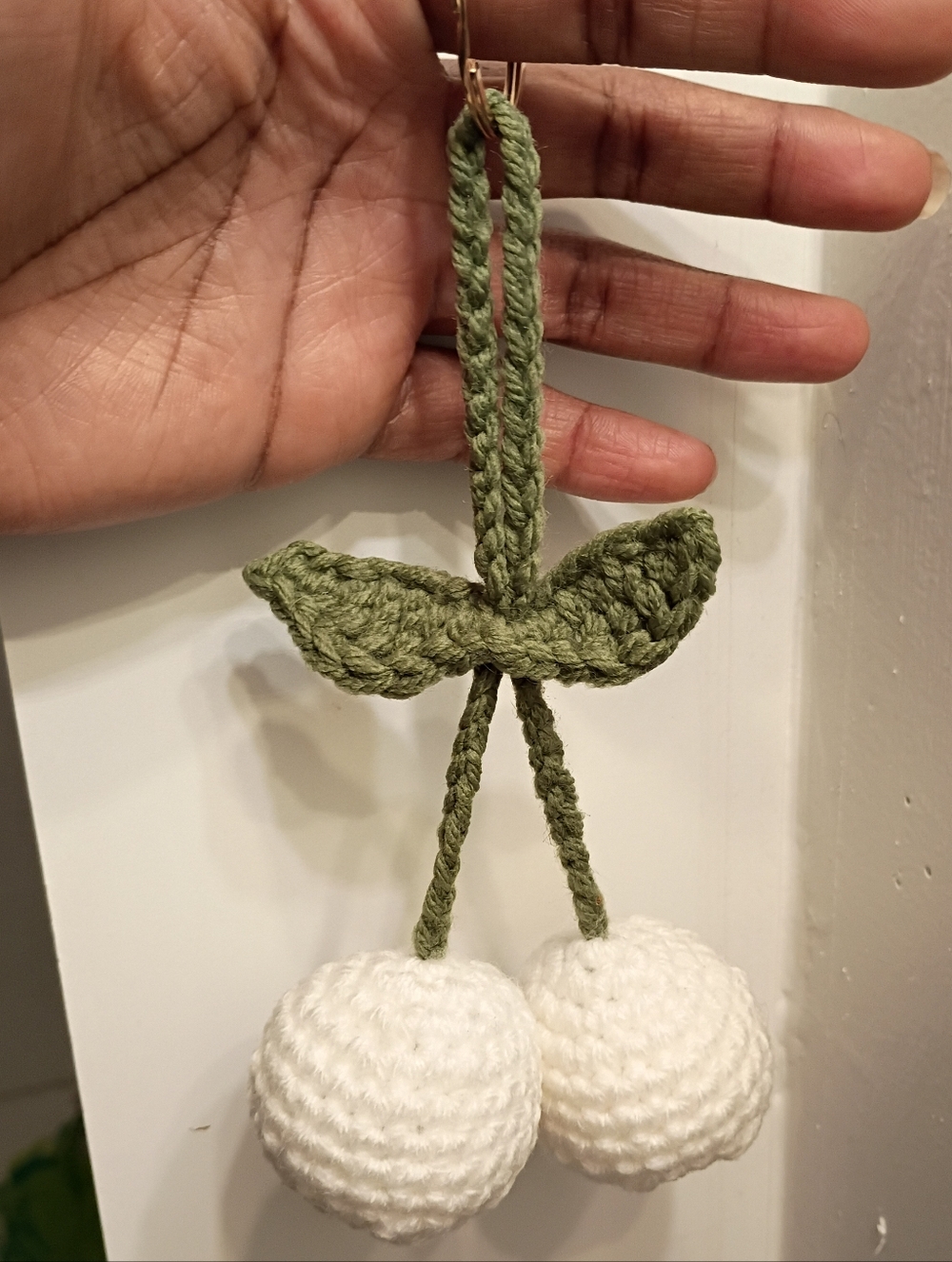 1pc Handmade Crochet Cherry Keychain - White & Green